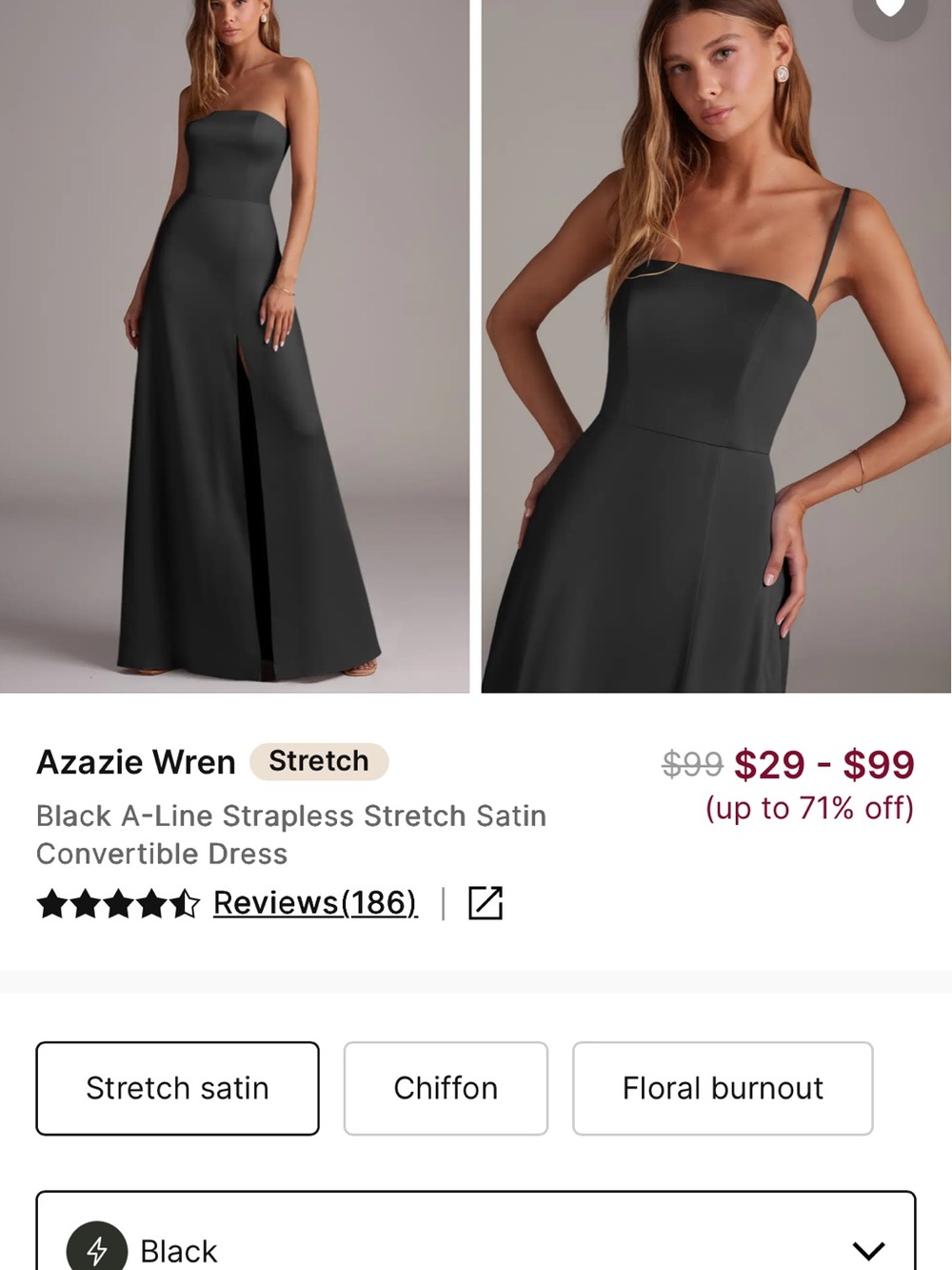 Azazie Wren Black Strapless A-Line Satin Gown with Front Slit